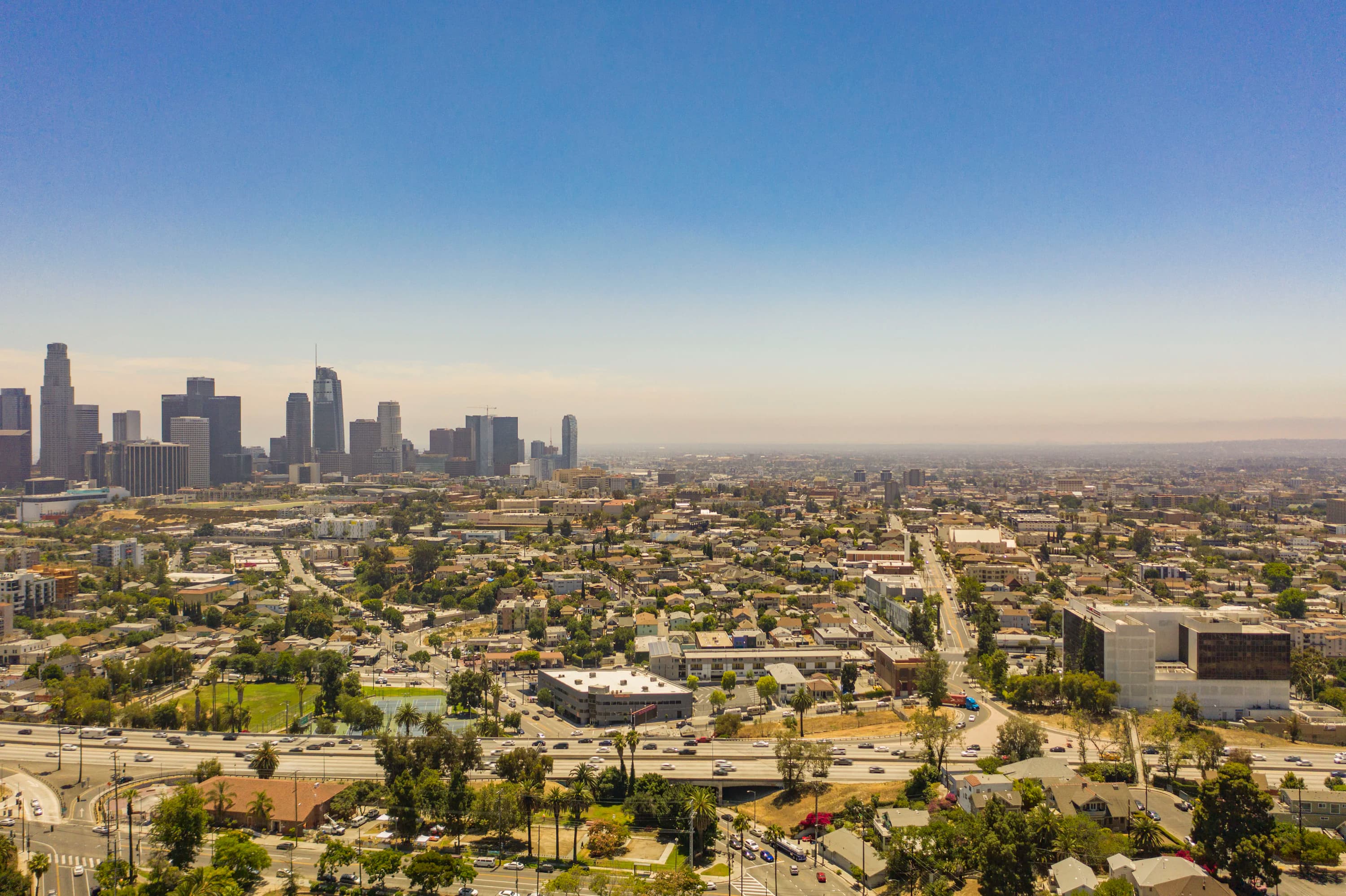 Aerial view of dense Echo Park multifamily buildings, illustrating a 1031 exchange multifamily Los Angeles replacement-property portfolio