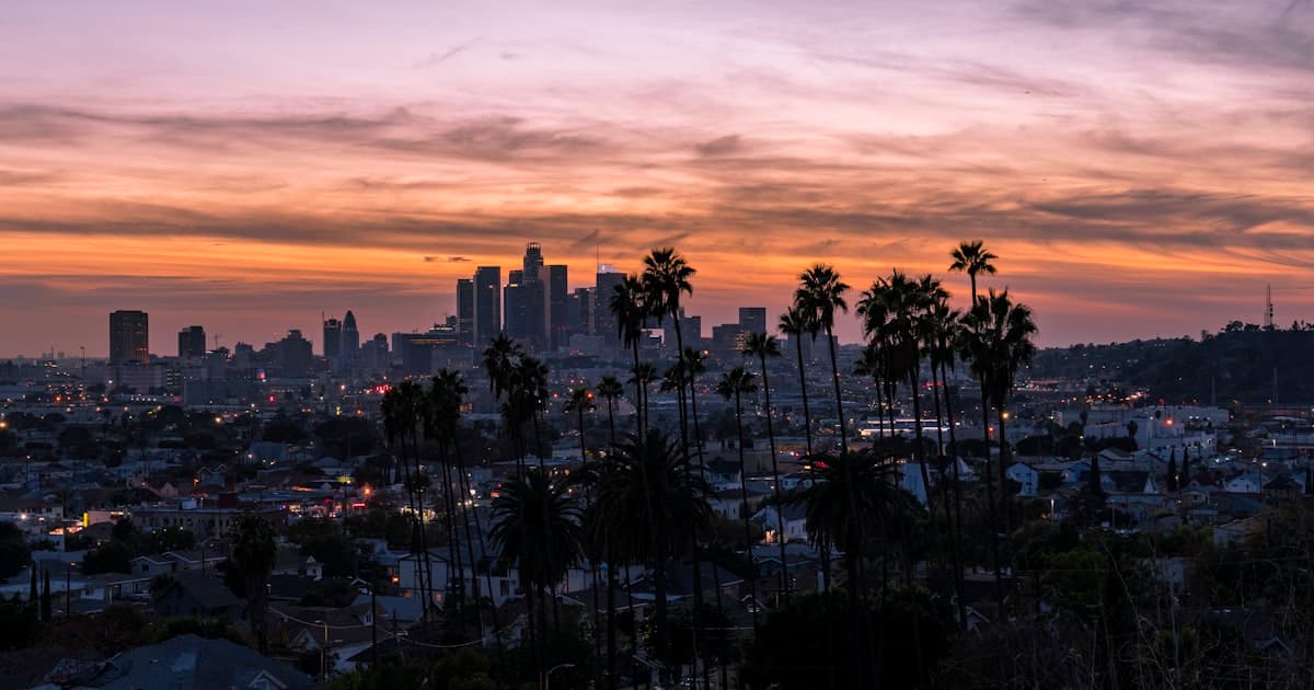 Los Angeles skyline with residential neighborhoods and palm trees
